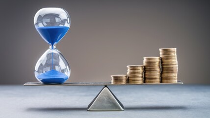 Hourglass and coins balancing on a scale representing time versus money.