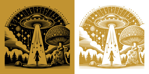 a ufo catch a woman in the mushroom forest