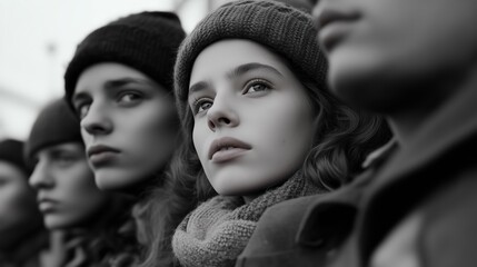 Obraz premium Young people in winter clothes attentively observing a gathering in an urban setting during a chilly afternoon