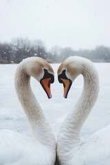 Obraz premium Swans forming heart shape in snow