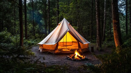 A tent in the woods with a fire pit in front of it