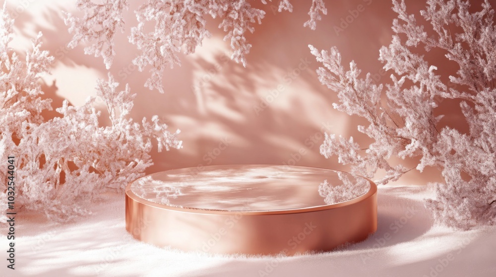 Aufkleber the scene showcases a round reflective surface gently resting on a snowy, white ground, surrounded b