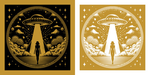 alien spacecraft hovering in the desert with a woman