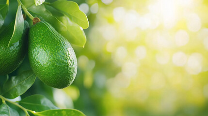  close up imagery of Avocado set in branch in bright sunshine lighting.