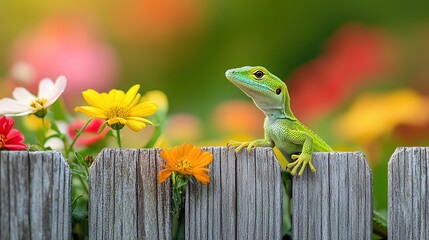 A green lizard perched on a wooden fence with flowers.