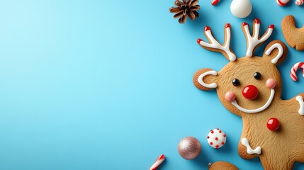 Fototapeta premium A gingerbread man with red nose and white frosting is on a blue background