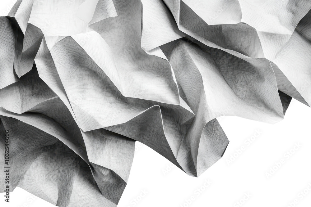 Poster abstract close-up of crumpled white paper texture forming dynamic shapes and shadows, conveying crea