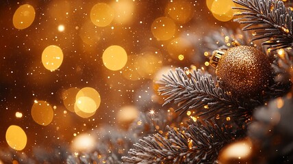 Festive Decor With Golden Ornaments and Twinkling Lights During Winter Holidays. Generative AI