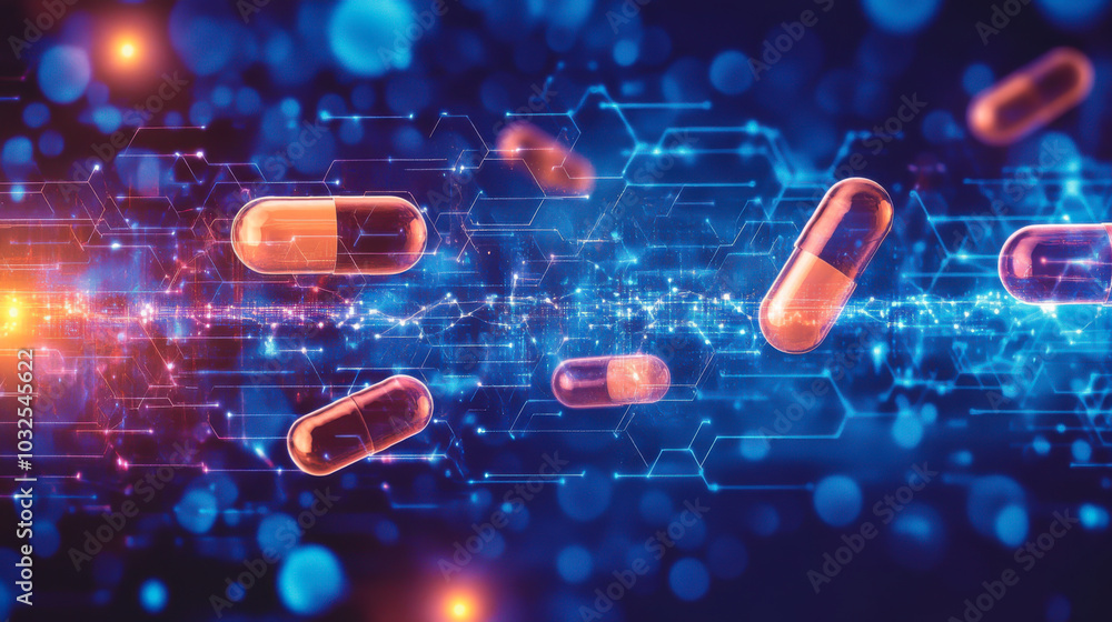 Poster digital representation of red capsules within a futuristic medical environment highlighting advanced