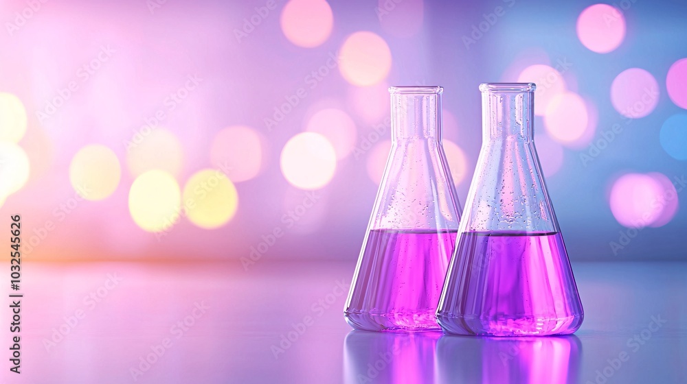 Aufkleber glowing bubbling mixture in transparent flask - modern chemical lab with neon reflections and swirli