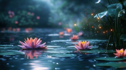 A serene pond at dusk, with pink water lilies and glowing fireflies.