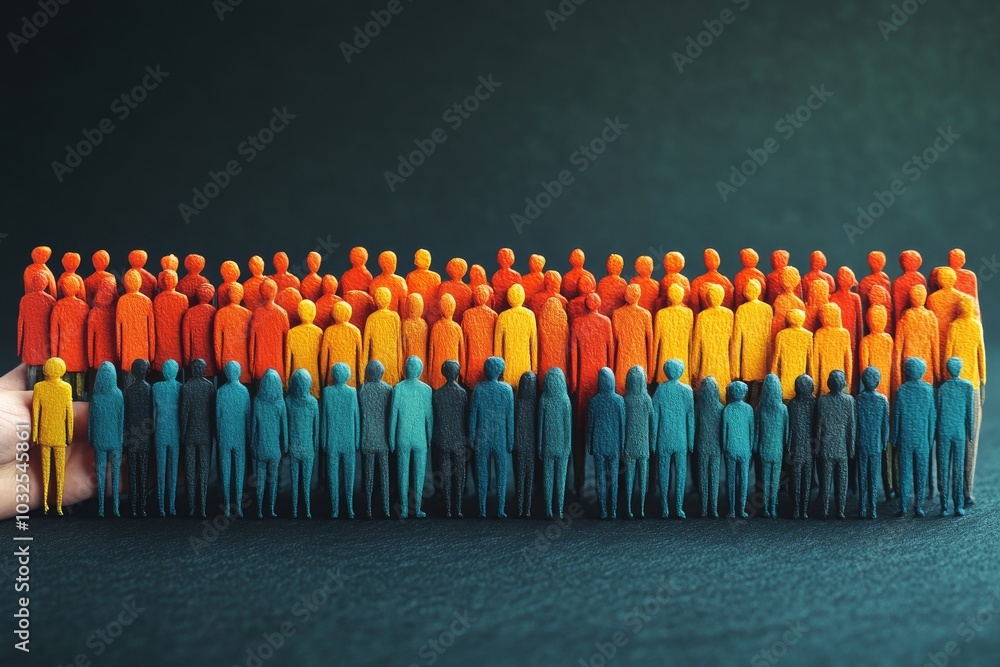 Poster group of colorful wooden figurines standing together in a line symbolizing diversity inclusion and s