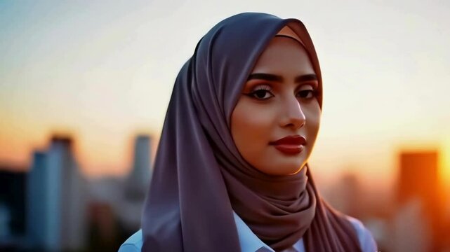 portrait professional young muslim woman looking pensive beautiful independent female in city at sunset wearing hijab headscarf slow motion, cinematic lighting, blurry background