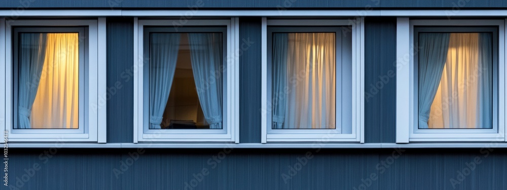 Aufkleber flowing curtains in identical windows, a harmonious row of open windows, soft curtains dancing in th