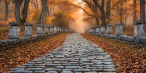 Cobblestone Path Through Autumn Forest with Stone Pillars.