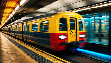 Underground metro train captured in motion, highlighting the vibrant colors and energy of a city&rsquo;s public transportation system
