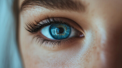 blue eyes of a girl with long painted eyelashes