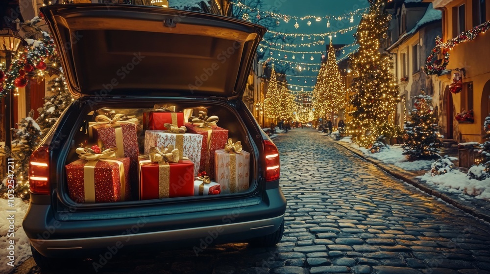 Poster a car is parked on a street lined with snow-covered trees and houses. the car's trunk is open and fi