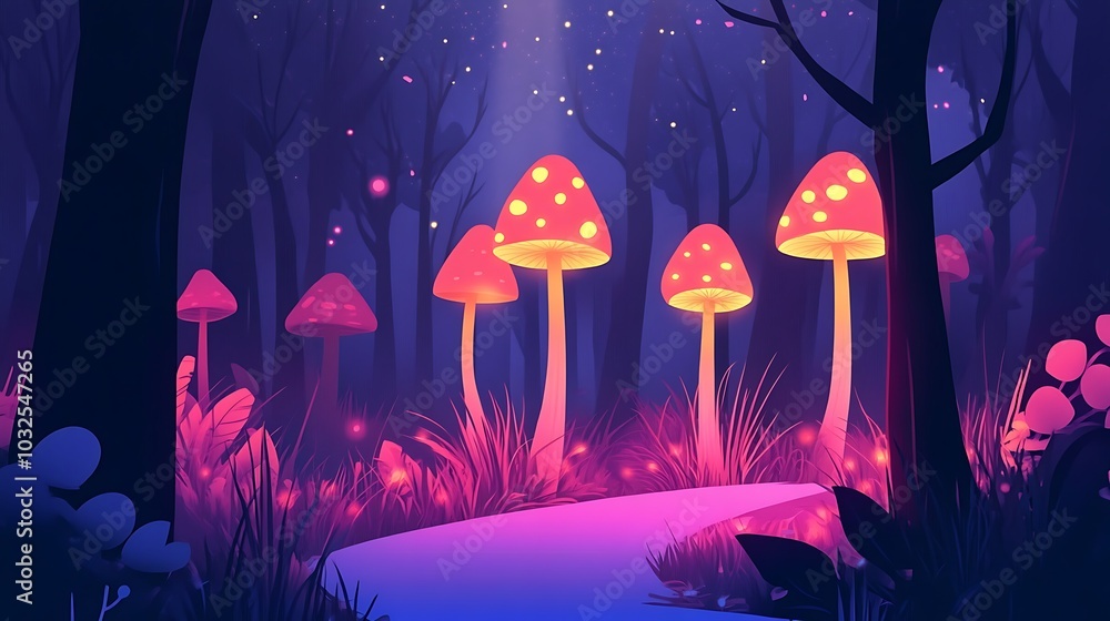 Poster Glowing Mushrooms in a Mystical Forest.