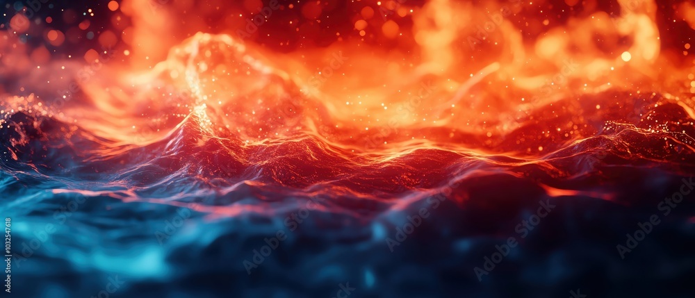 Poster abstract waves of fire and water creating dynamic visual contrast.