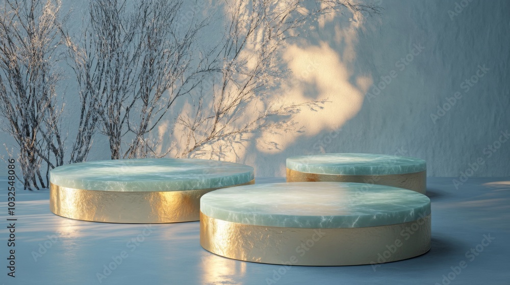 Poster three round platforms are shown in a winter scene. each platform has a gold base and a blue top with