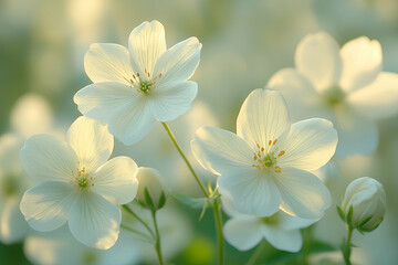 Obraz premium Delicate white flowers bloom softly, creating a serene background with gentle hues, embodying tranquility and natural beauty.