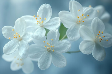 Obraz premium Delicate white flowers with soft petals and yellow stamens against a subtle blue background create a serene, tranquil ambiance.
