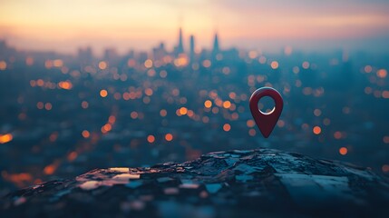 Fototapeta premium A vibrant city skyline at dusk, featuring a prominent red location pin atop an abstract surface, symbolizing navigation and exploration.