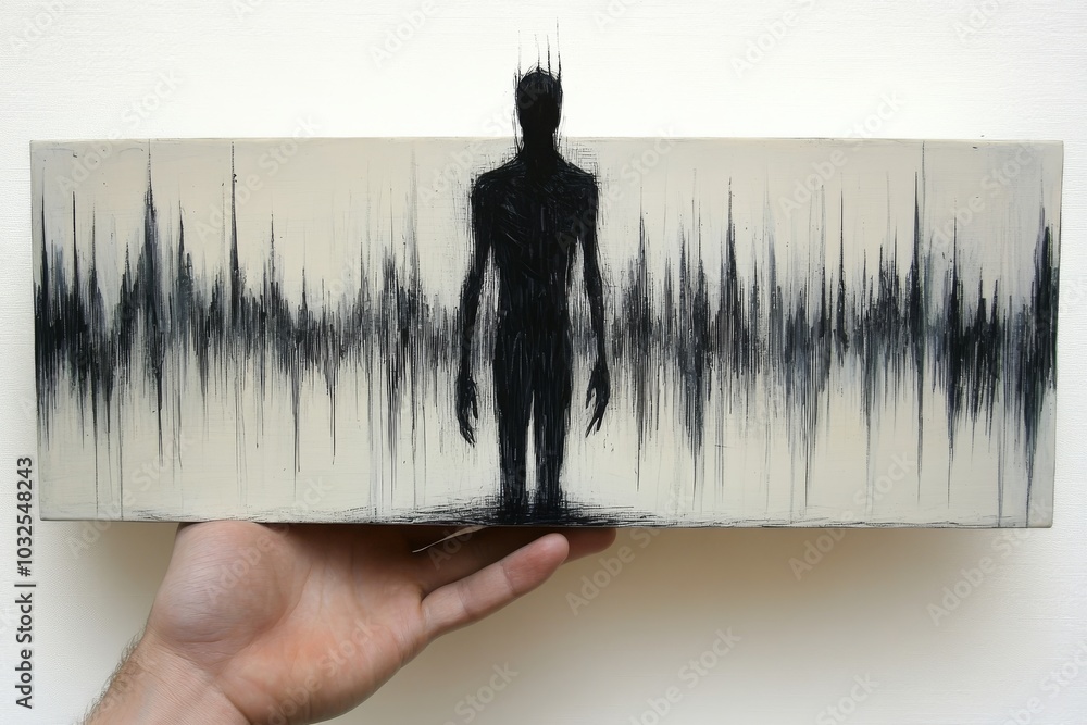 Aufkleber hand holding a minimalist black and white sketch of a lone figure surrounded by sound waves symboliz
