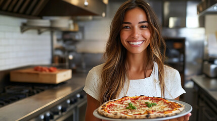 
happy american woman holding pizza on plate in professional kitchen