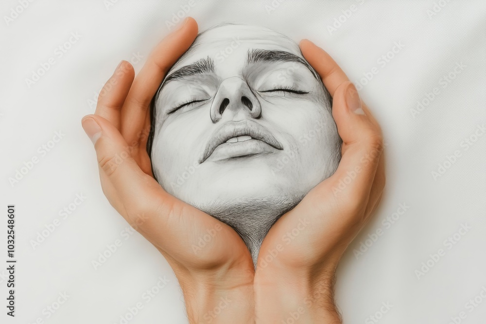 Aufkleber hands gently cradling a human face in black and white symbolizing identity introspection and the exp