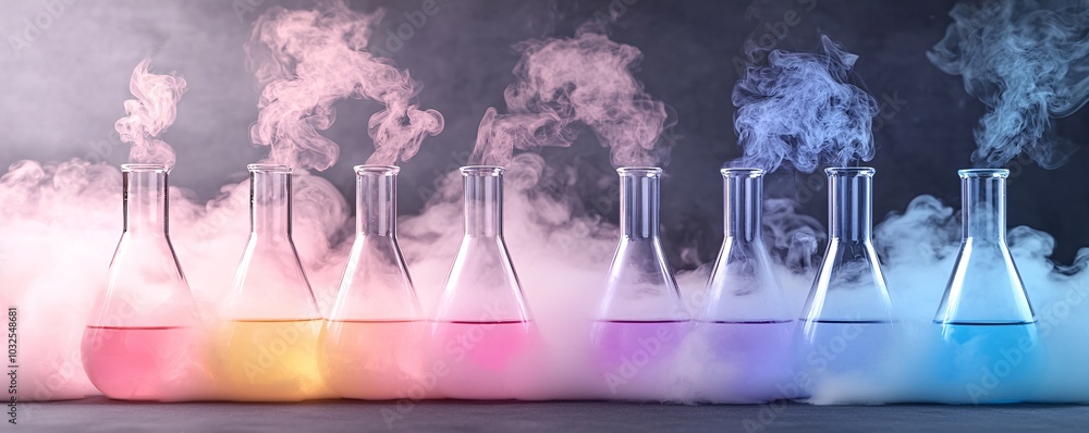 Poster vibrant neon lab experiment - swirling fluids and steam in precise glassware creating a captivating 
