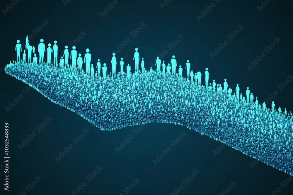 Poster flowing digital wave of blue human figures symbolizing the spread of information innovation and coll
