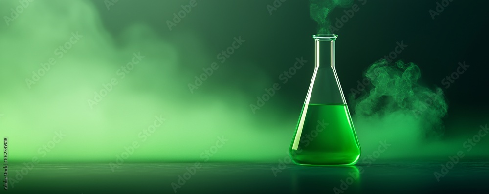 Poster bubbling neon liquid in futuristic glass flask - glowing mist and dynamic swirling reaction in moder