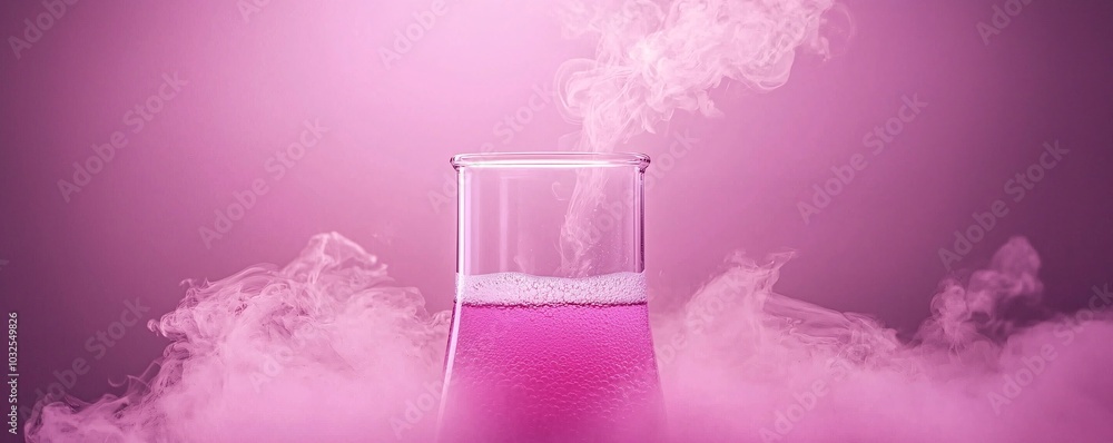 Poster futuristic flask with frothy reaction and glowing neon mist - high-tech lab scene with swirling liqu
