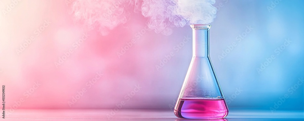 Poster futuristic flask with frothy reaction and neon mist - high-tech lab setting showcasing swirling liqu