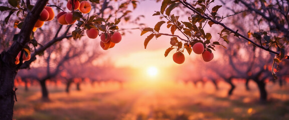 Fototapeta premium Beautiful sunset illuminating rows of peach trees laden with ripe fruit. The vibrant colors and serene landscape evoke a sense of tranquility and abundance in nature's orchard.