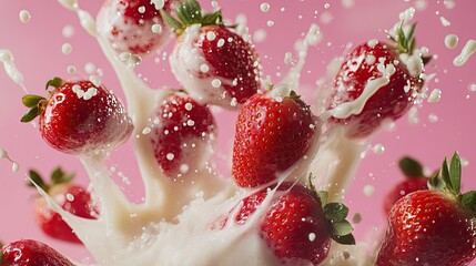 many strawberries exploding from milk, soaring in the air