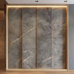 Wooden wardrobe with black marble doors in scandinavian style interior design of modern bedroom.