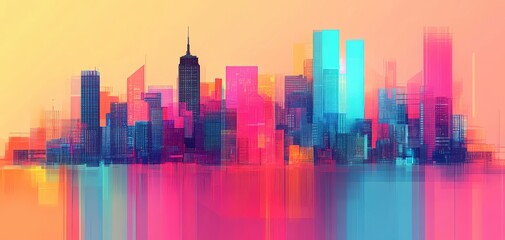 Colorful abstract skyline with modern skyscrapers against a vibrant background.