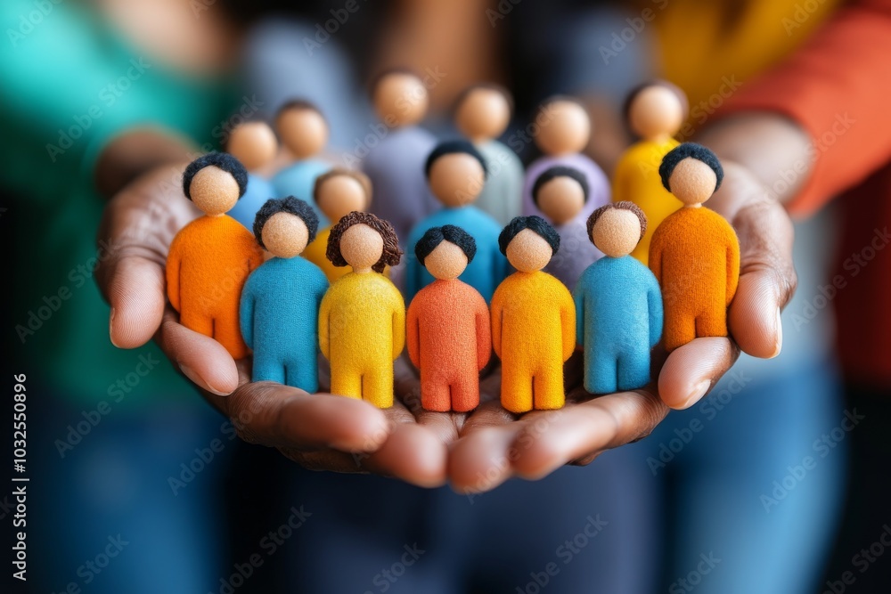 Poster hands holding a small group of multicolored miniature people symbolizing diversity inclusion and the