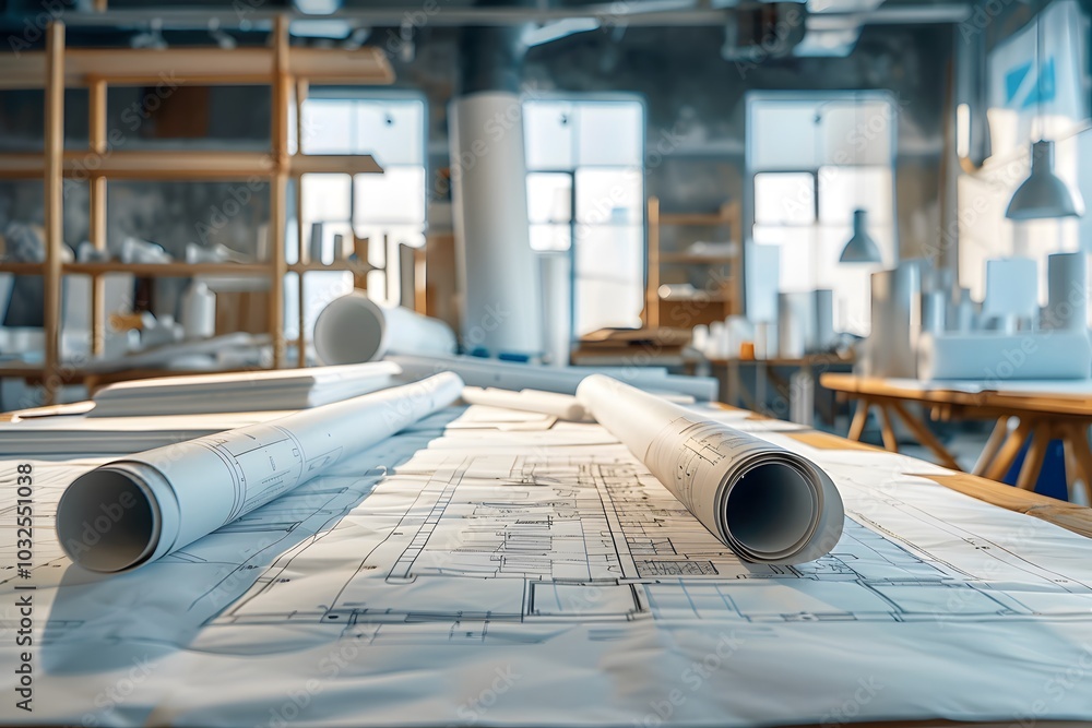 Poster architectural workspace with blueprints and models