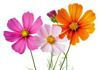 Bright and colorful cosmos flowers in full bloom isolated on transparent background
