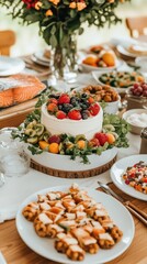 Fototapeta premium Elegant dining table set for an exquisite feast featuring fresh salmon, vibrant salads, and delightful desserts