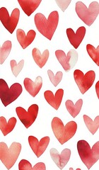 Colorful watercolor hearts background in varying shades of red and pink for Valentines Day