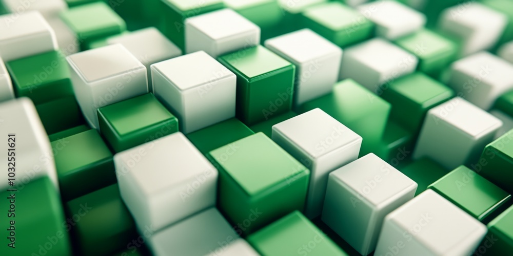 Aufkleber an abstract background featuring geometric cubes in white and green, creating a modern and dynamic d