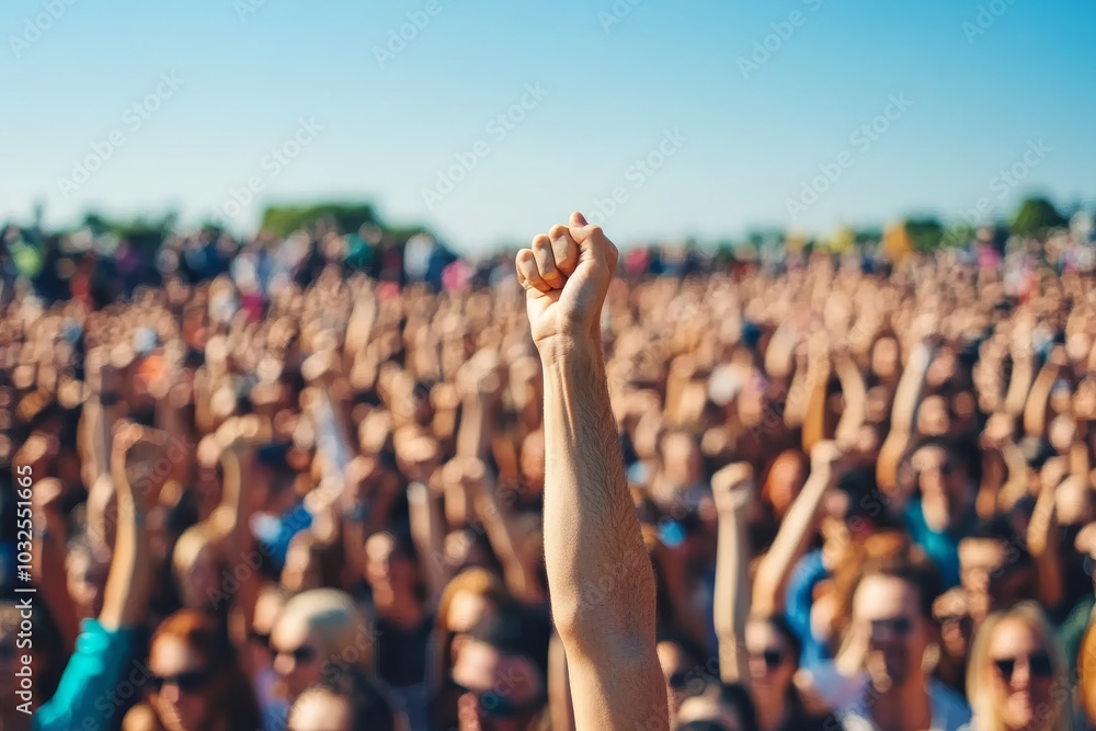 Aufkleber raised fist in the middle of a large crowd symbolizing protest unity and the power of collective voi