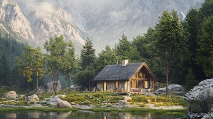 Fototapeta premium Rustic architecture of a mountain cabin surrounded by stunning natural landscape