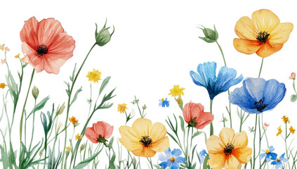 Bright watercolor wildflowers in a sunny meadow isolated on transparent background