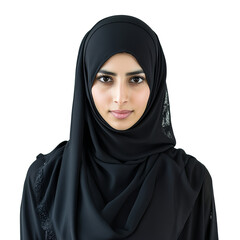 Naklejka premium Portrait of a young veiled Muslim woman in traditional black attire against a plain background, Portrait of a veiled islamic woman wearing black hijab isolated on transparent background